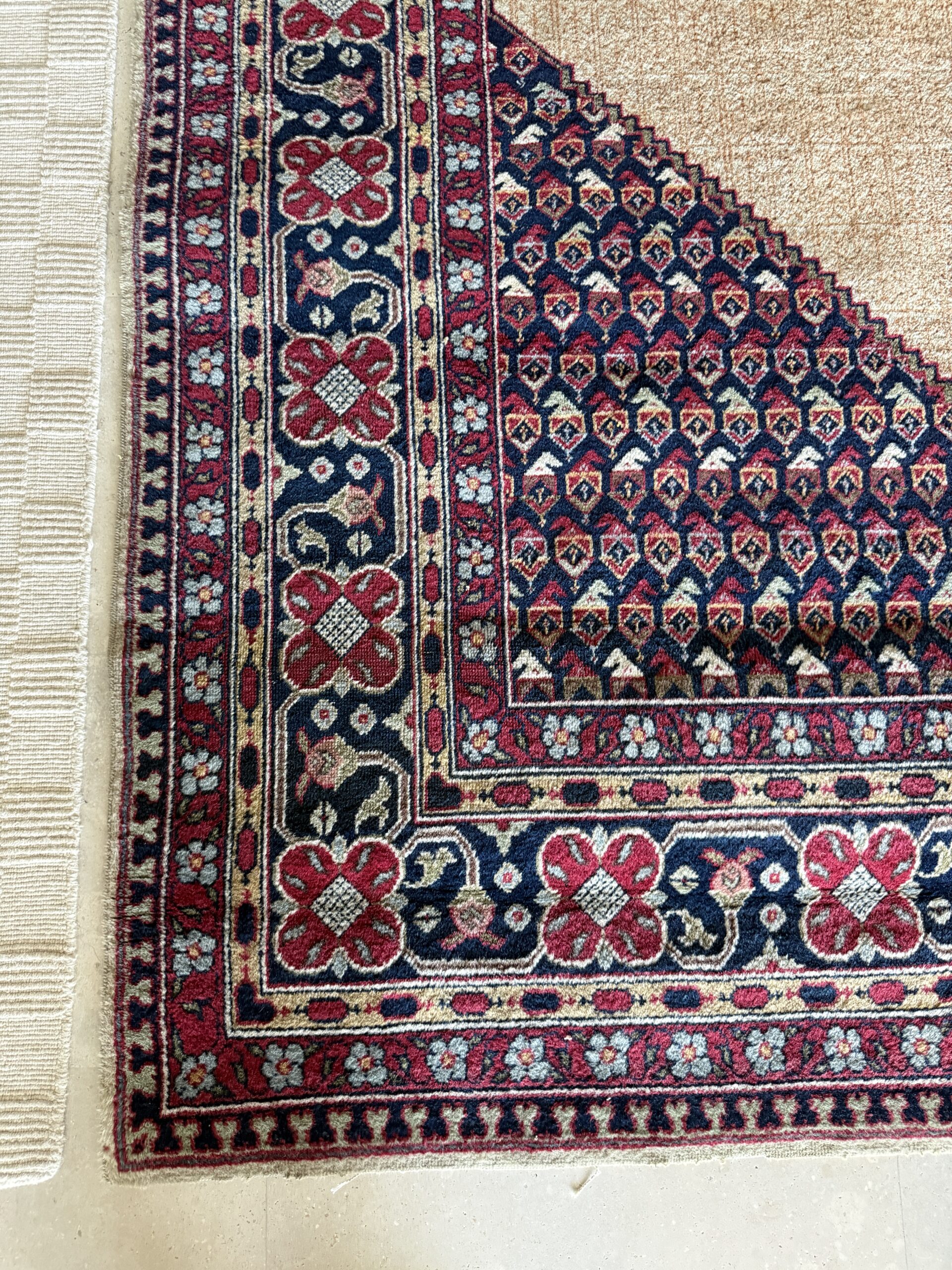 Alfombra persa anudada a mano · Campo camel con medallón y cenefa de boteh · Lana