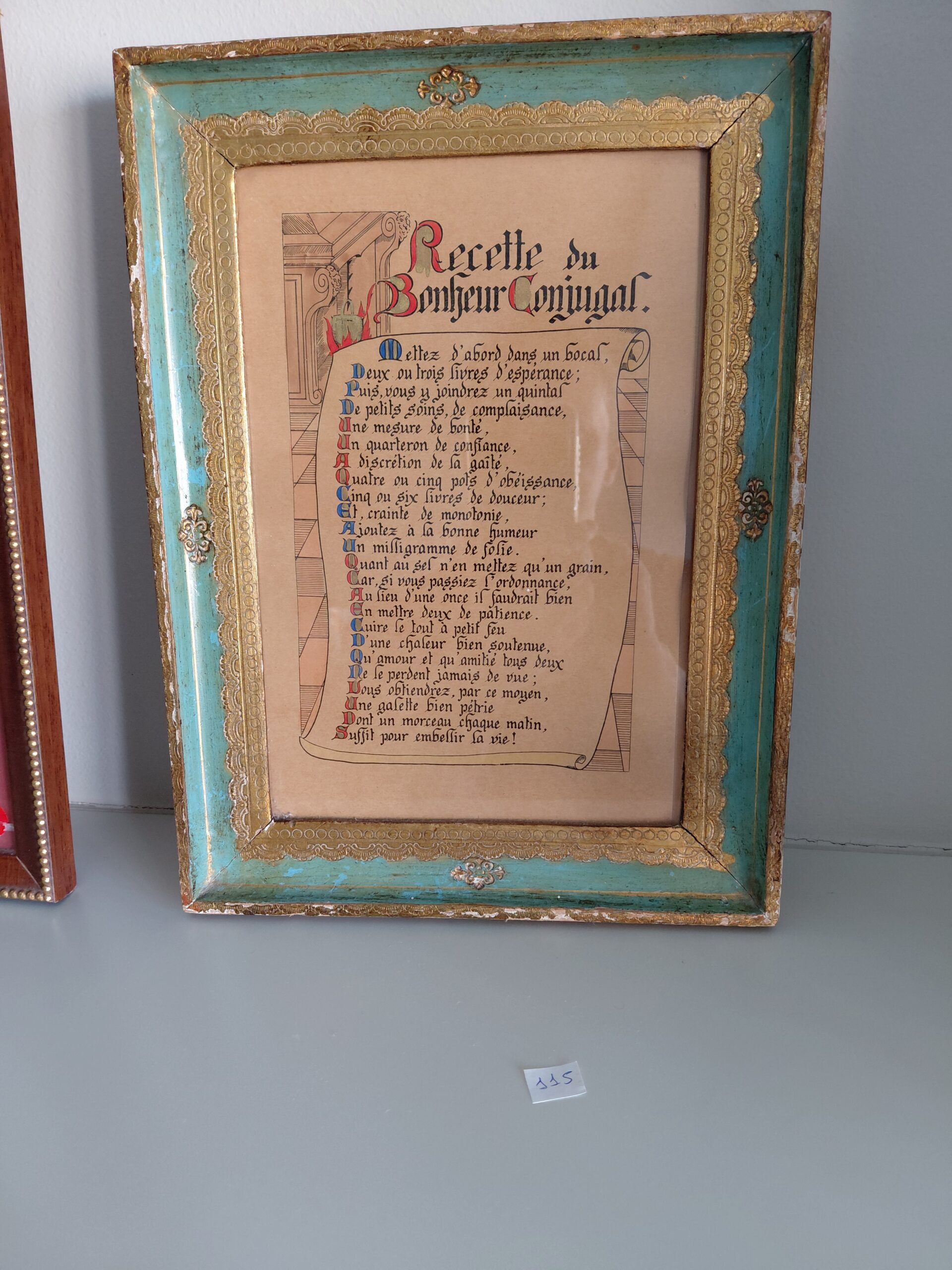 Cuadro Vintage con Lámina Francesa "Recette du Bonheur Conjugal"