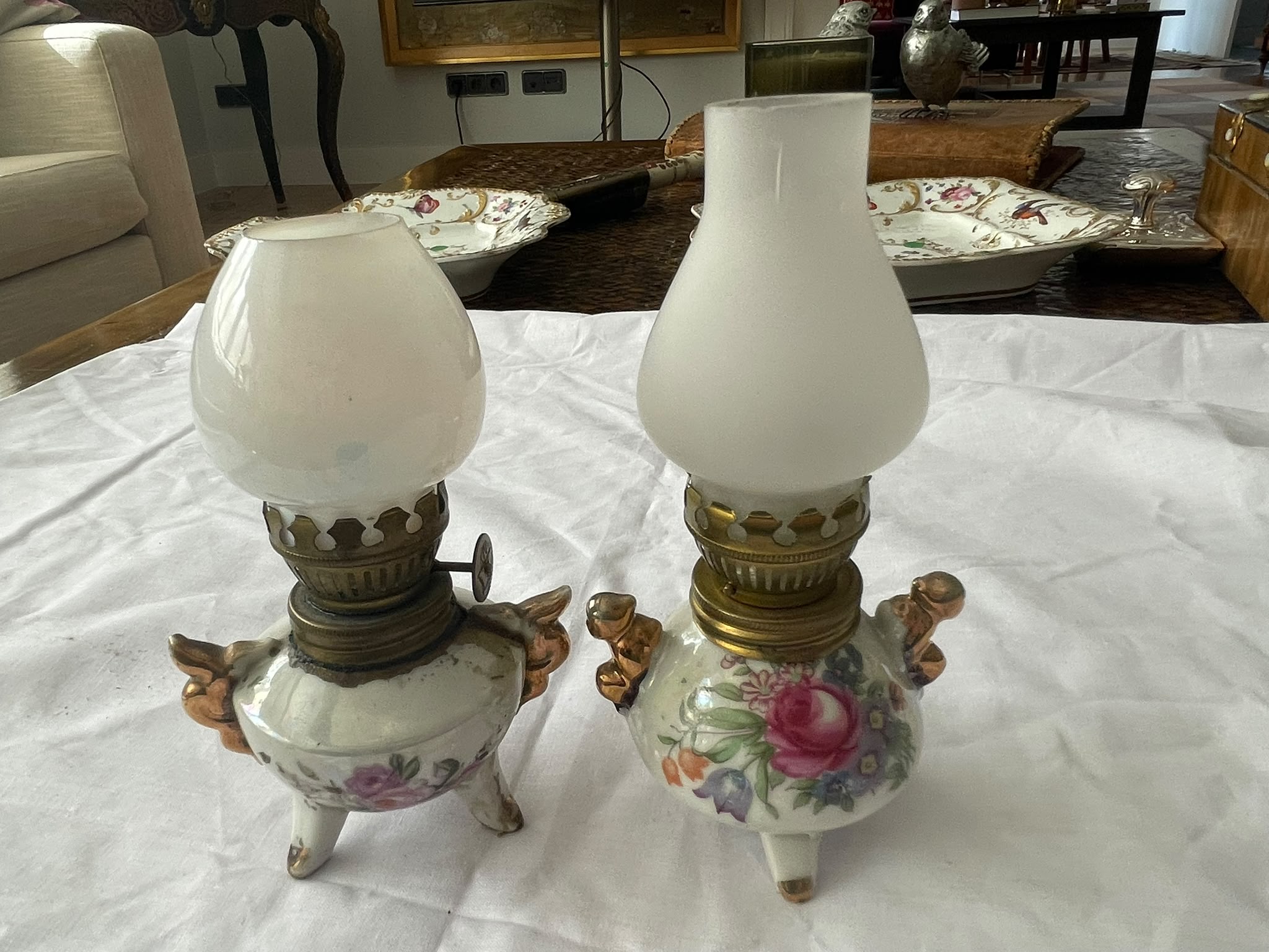 Pareja de Mini Quinqué Vintage de Porcelana