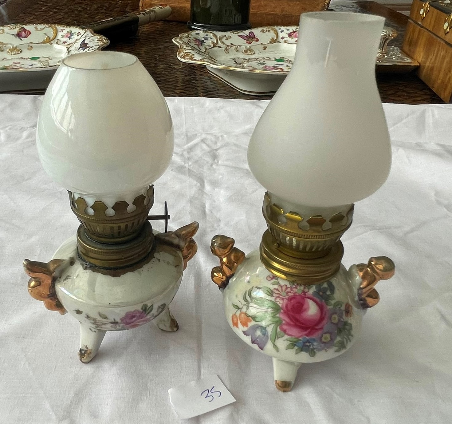 Pareja de Mini Quinqué Vintage de Porcelana - Imagen 3