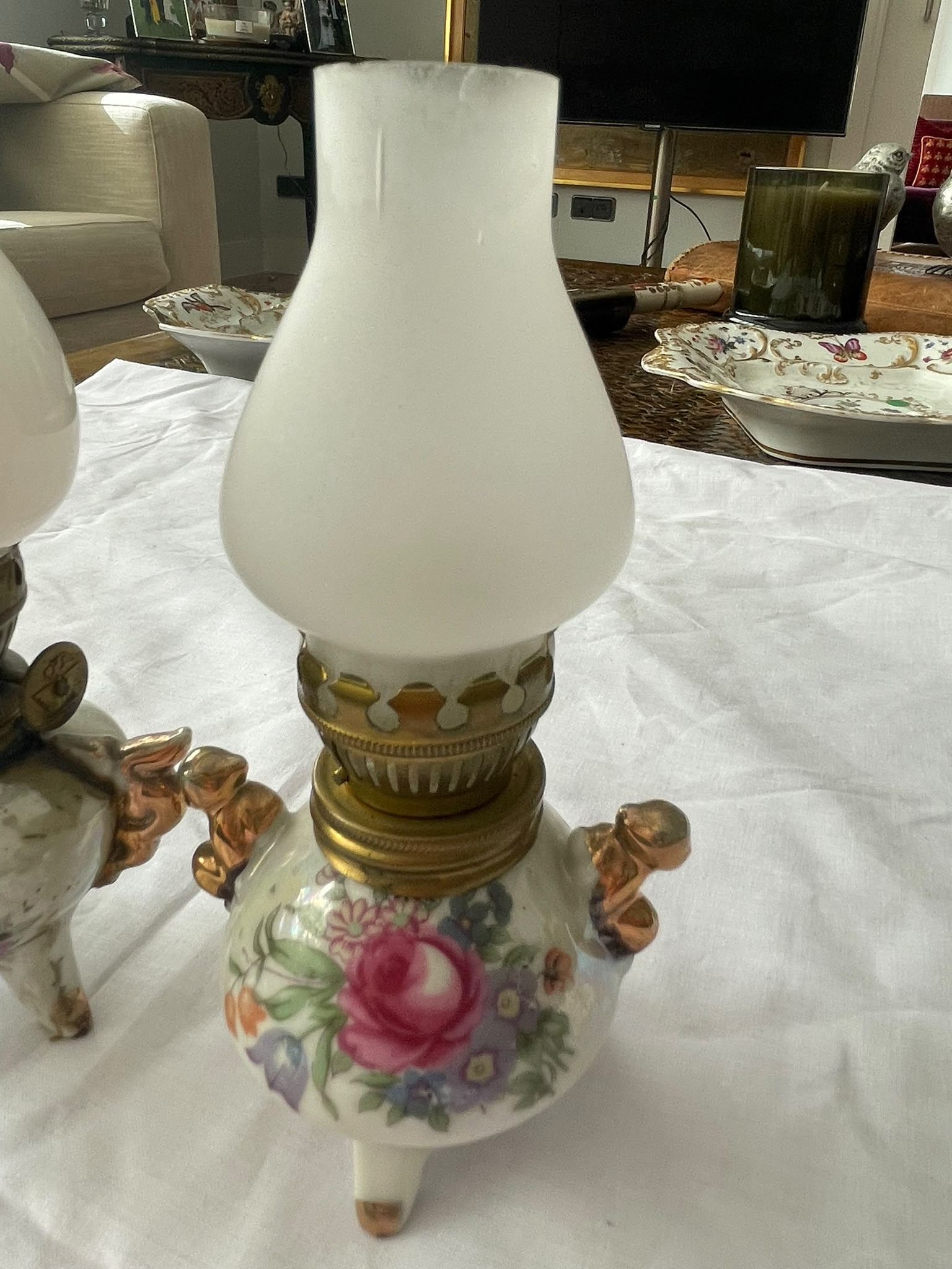 Pareja de Mini Quinqué Vintage de Porcelana - Imagen 9